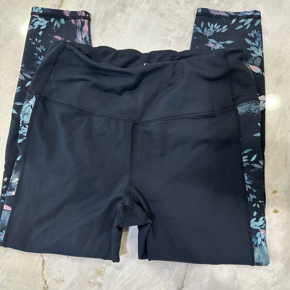 Skechers Black Leggings with Blue and Pink Floral Side Panels